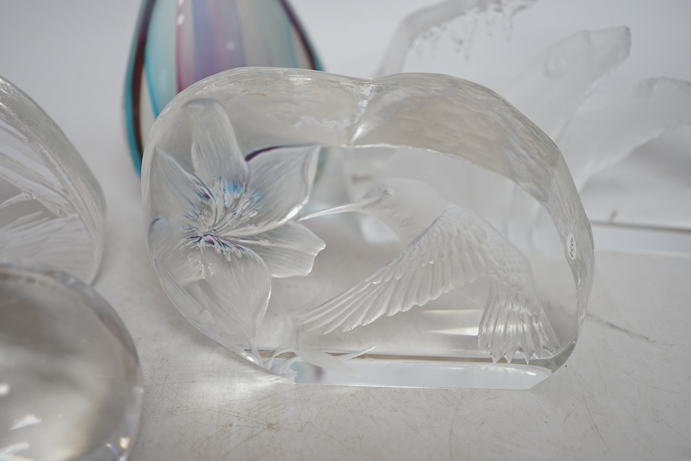 Three large iceberg shaped bird and bear signed glass paperweights, a small Goebel paper weight and another, tallest 16cm high. Condition - good